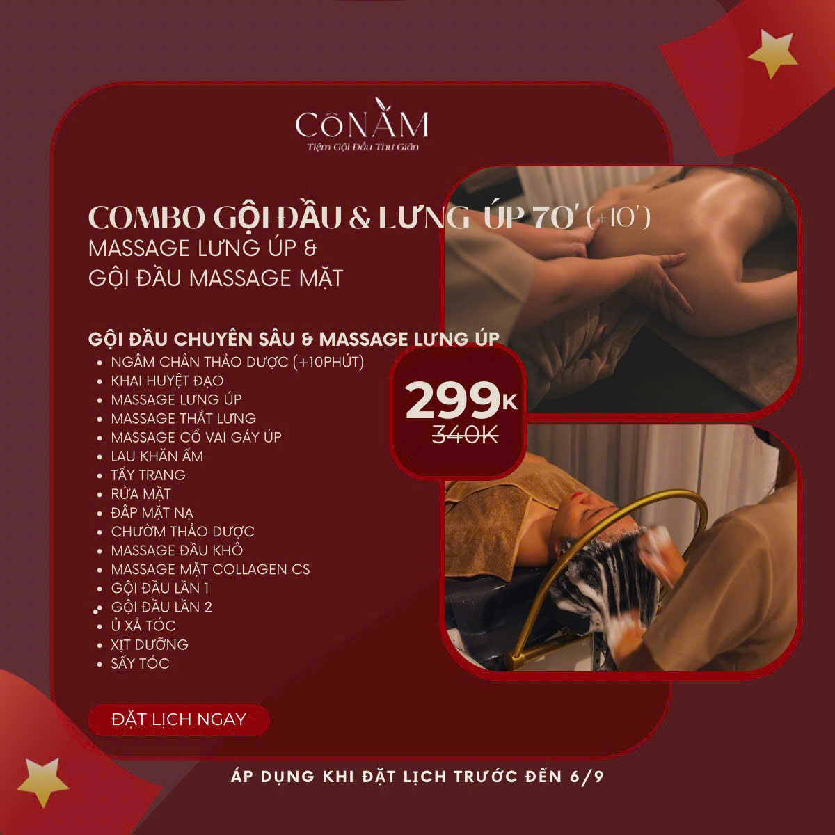 Ưu đãi combo gội đầu và massage lưng úp 70 phút, kèm 10 phút ngâm chân – 299.000đ